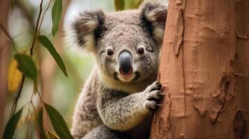 ai generato un' koala è seduta nel un' albero e guardare a il telecamera. generativo ai foto