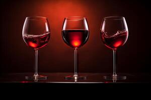 ai generato tre elegante vino bicchieri pieno con rosso vino. generativo ai foto