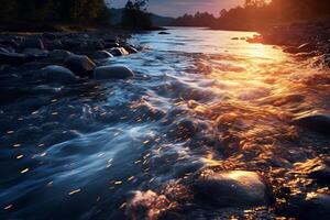 ai generato il scintillante acque di un' fiume a crepuscolo. generativo ai foto