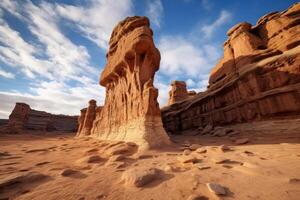 ai generato torreggiante arenaria formazioni nel un' unico e drammatico deserto paesaggio. generativo ai foto