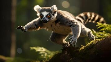 ai generato un' squillare dalla coda lemure in esecuzione attraverso il foresta. generativo ai foto