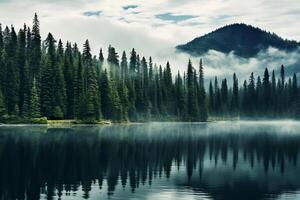 ai generato maestoso sempreverde alberi liner un' sereno lago. generativo ai foto