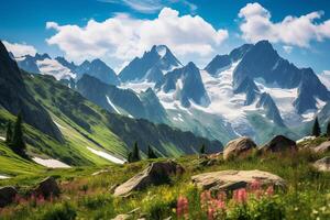 ai generato torreggiante picchi e alpino prati sotto un' brillante blu cielo. generativo ai foto