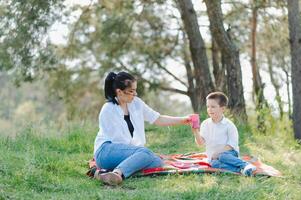 contento giovane madre è giocando con sua bambino nel un' parco su un' verde prato. felicità e armonia di famiglia vita. grande famiglia vacanza. bene fine settimana. madri giorno. vacanza. il concetto di un' contento famiglia foto