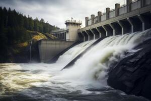 ai generato un' dinamico tiro di un' idroelettrico diga generando pulito energia a partire dal fluente acqua. generativo ai foto