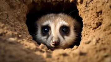 ai generato curioso meerkat sbirciando su di suo nascondiglio macchiare. generativo ai foto