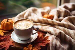 ai generato caldo e invitante autunno modello in mostra un' zucca Spezia latte macchiato e un' a maglia sciarpa. generativo ai foto