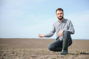 maschio mani toccante suolo su il campo. esperto mano di contadino controllo suolo Salute prima crescita un' seme di verdura o pianta piantina. attività commerciale o ecologia concetto. foto