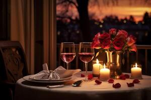 ai generato a lume di candela cena tavolo per un' romantico sera. generativo ai foto