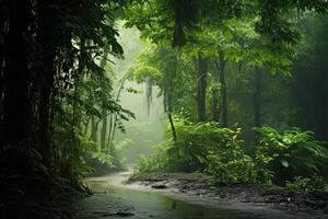 ai generato sereno foresta ruscello circondato di vivace verde fogliame. generativo ai foto