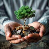 ai generato un' uomo detiene monete nel il suo mani e un' albero cresce a partire dal monete foto