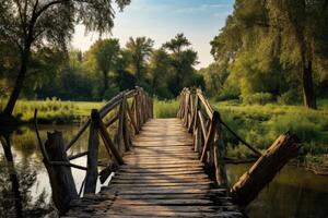 ai generato affascinante di legno ponte spanning un' dolce fiume nel un' rurale paesaggio. generativo ai foto