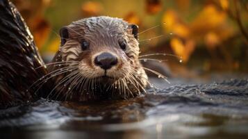 ai generato un' vicino su di un' bagnato lontra nel il acqua. generativo ai foto