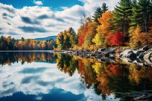 ai generato un' tranquillo, calmo Visualizza di un' calma lago mirroring il mozzafiato colori di il alberi lungo suo costa, la creazione di un' sereno autunno panorama. generativo ai foto