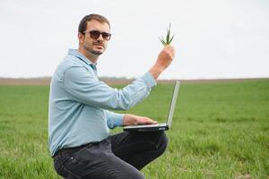 contadino in piedi nel giovane Grano campo l'esame Ritaglia e guardare a il computer portatile. foto