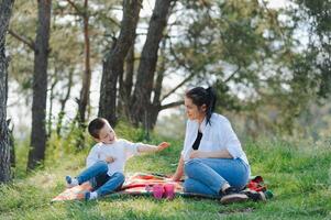 contento giovane madre è giocando con sua bambino nel un' parco su un' verde prato. felicità e armonia di famiglia vita. grande famiglia vacanza. bene fine settimana. madri giorno. vacanza. il concetto di un' contento famiglia foto