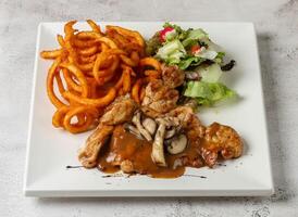 fungo griglia pollo con Riccio patatine fritte e insalata servito nel piatto isolato grigio sfondo superiore Visualizza Singapore veloce cibo foto