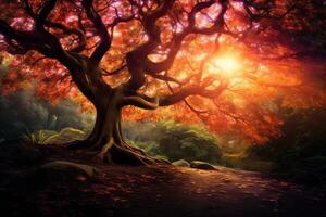 ai generato un' travolgente tiro di luce del sole filtraggio attraverso il colorato le foglie di un' albero, la creazione di un' radiante e incantevole autunno spettacolo. generativo ai foto