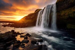 ai generato tramonto al di sopra di un' sereno, a forma di cuore cascata. generativo ai foto