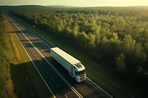 ai generato fuco Visualizza di un' carico camion trasporto merce su un' autostrada. generativo ai foto
