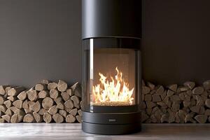 ai generato elegante moderno pellet stufa emitting fiamme, ideale per casa riscaldamento foto