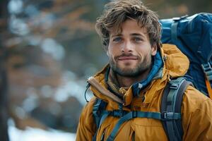 ai generato giovane caucasico uomo viaggiatore con grande zaino escursioni a piedi nel il montagne foto