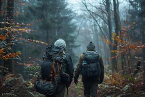 ai generato gruppo di turisti nel il autunno foresta, Visualizza a partire dal il indietro foto