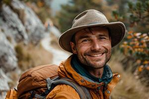 ai generato giovane caucasico uomo viaggiatore con grande zaino escursioni a piedi nel il montagne foto