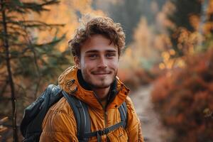 ai generato escursionista - uomo escursioni a piedi nel foresta. caucasico maschio modello all'aperto nel natura. foto