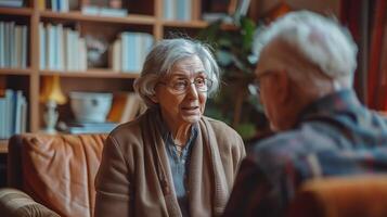 ai generato anziano caucasico donna e uomo pensionato marito e moglie seduta su il divano a casa - vecchio età persone sposato coppia la pensione e solidarieta concetto selettivo messa a fuoco su femmina foto