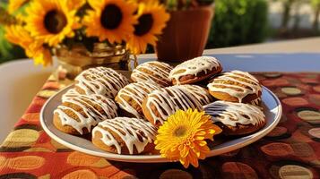 ai generato zucca Spezia biscotti disposte su un' piatto. generativo ai foto