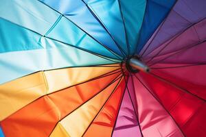 ai generato un' avvicinamento di un' colorato pomeriggio spiaggia ombrello. generativo ai foto