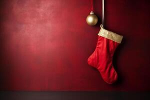 ai generato rosso Natale calza sospeso su un' festivo parete. generativo ai foto