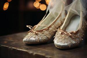 ai generato avvicinamento di un' di ballerina pointe scarpe. generativo ai foto