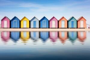 ai generato un' simmetrico riflessione di un' riga di colorato spiaggia capanne su un' tranquillo litorale. generativo ai foto