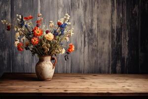 ai generato un' di legno tavolo con un' vaso di fiori selvatici. generativo ai foto