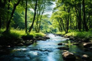 ai generato un' incontaminato fiume fluente attraverso un' lussureggiante foresta, illustrare il bisogno per in corso acqua qualità monitoraggio per proteggere naturale habitat. generativo ai foto