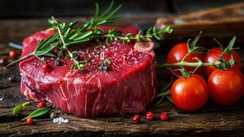 ai generato bistecca con pomodori e rosmarino foto