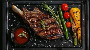 ai generato bistecca con verdure e salsa foto