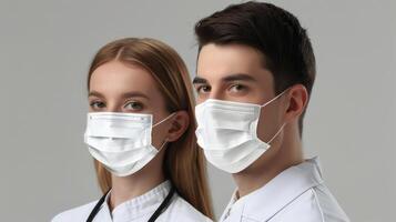 ai generato uomo e donna indossare chirurgico maschere foto