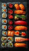 ai generato assortito Sushi piatto con vario tipi di Sushi foto