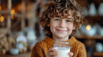 ai generato giovane ragazzo Tenere bicchiere di latte foto