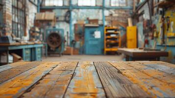 ai generato di legno tavolo con vario utensili nel fabbrica foto