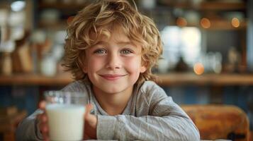 ai generato giovane ragazzo Tenere bicchiere di latte foto