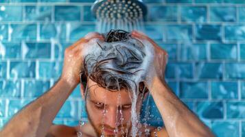 ai generato uomo lavaggio capelli nel doccia foto