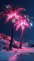 ai generato illuminato dalla luna spiaggia con palma alberi foto