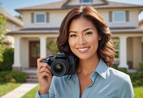 ai generato un' donna con un' telecamera prepara per prendere un' foto nel un' suburbano ambientazione, cattura il essenza di Residenziale vita.