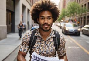 ai generato un' uomo con un' zaino passeggiate con fiducia attraverso città strade. il suo rilassato comportamento e stile indicare urbano esplorazione o pendolarismo. foto