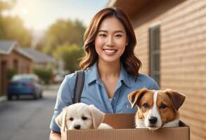 ai generato un' sorridente consegna donna detiene un' scatola con Due adorabile cuccioli, suggerendo un' animale domestico consegna servizio. foto