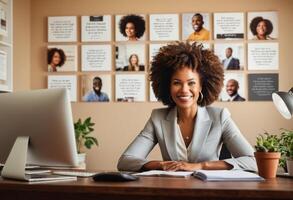 ai generato un' sorridente donna d'affari usi un' tavoletta nel un' ben organizzato ufficio. sua contento comportamento migliora il professionale ambiente. foto